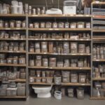 A variety of plumbing supplies, including toilet chains, flappers, and plungers, neatly organized on shelves in a warehouse setting