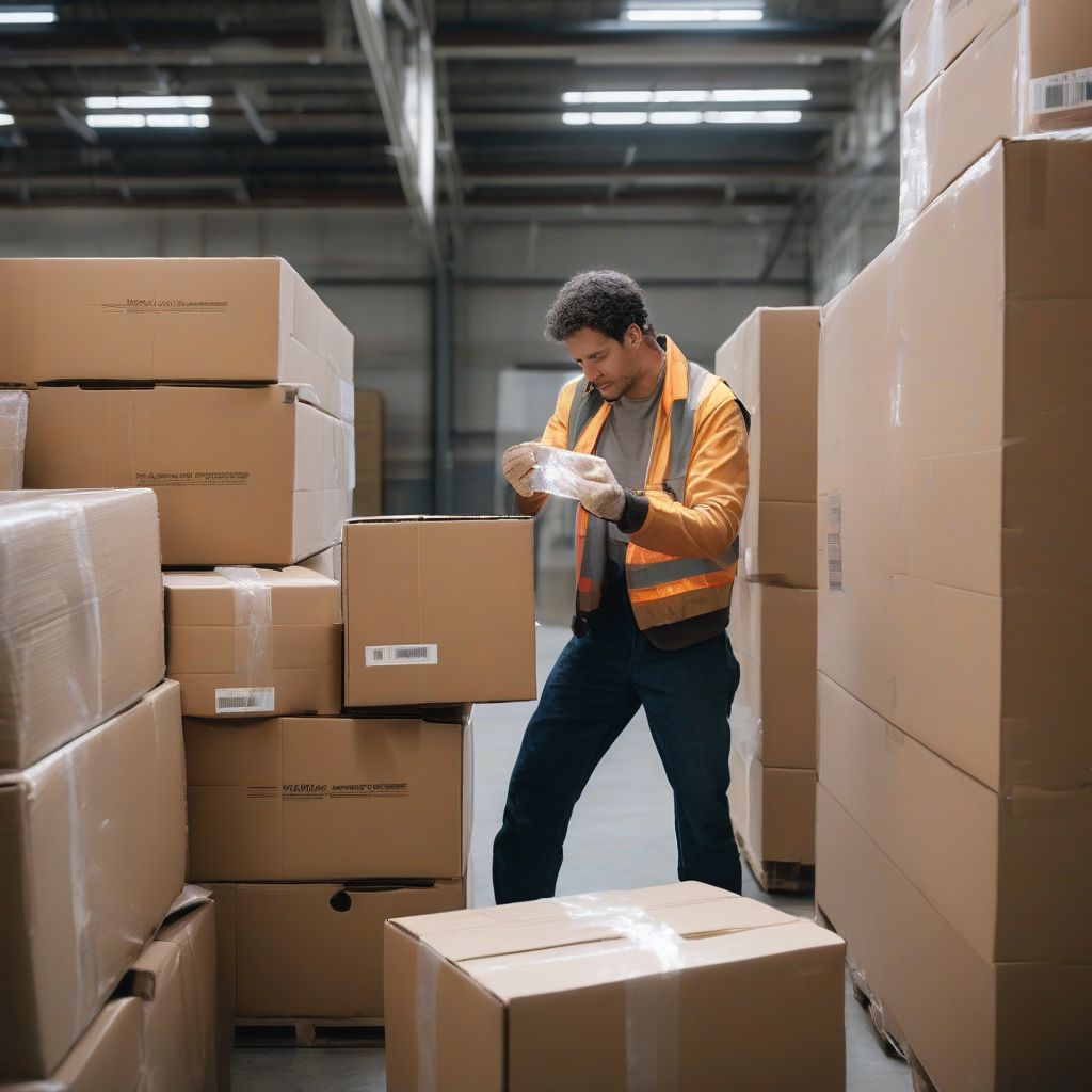 A warehouse worker wearing a reflective vest inspects a package sealed with "broken silence film"